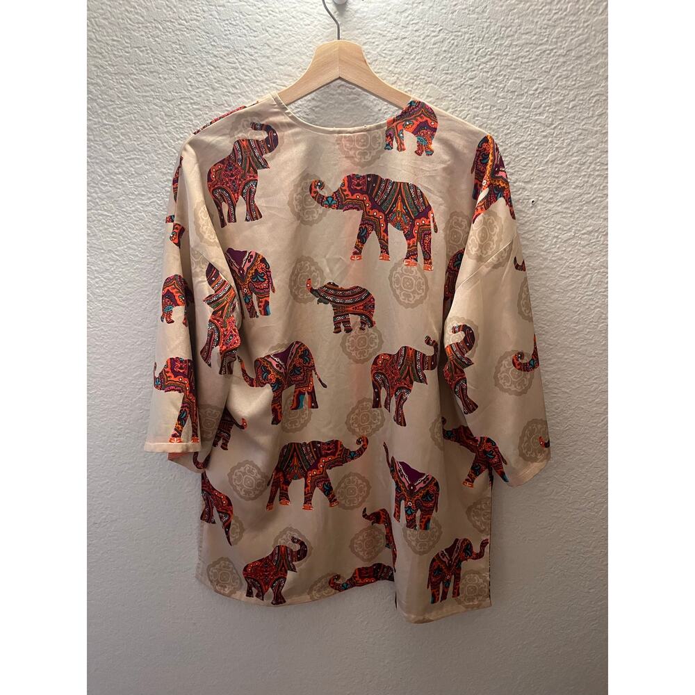 Boho Elephant Print Kimono Cardigan Open Front Paisley Festival Cover Up Large - Picture 7 of 7